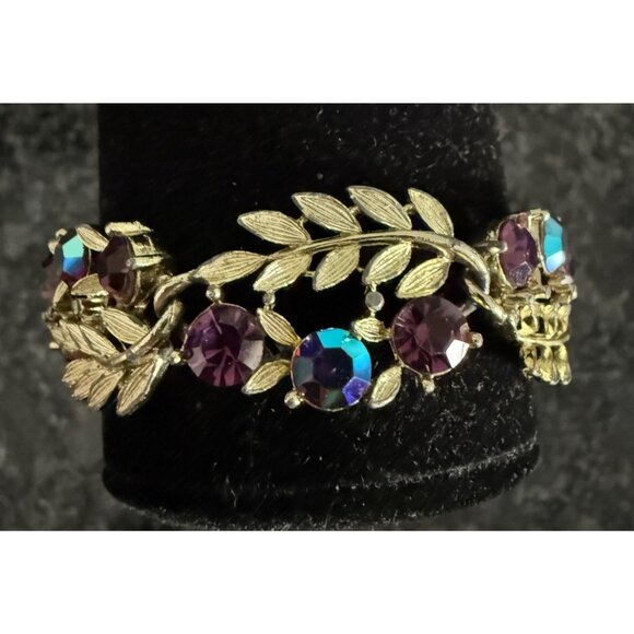 Vintage Lisner Gold-Tone Leaf & Purple Rhinestone Bracelet  Aurora Borealis Spar - Picture 2 of 9
